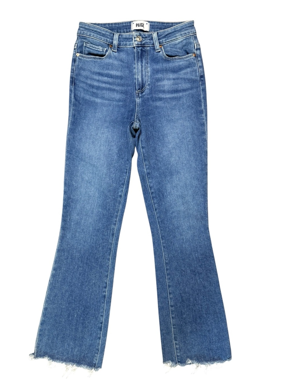 PAIGE Claudine High Rise Crop Flare Raw Hem Jeans Medium Wash Size 26 - Picture 2 of 9
